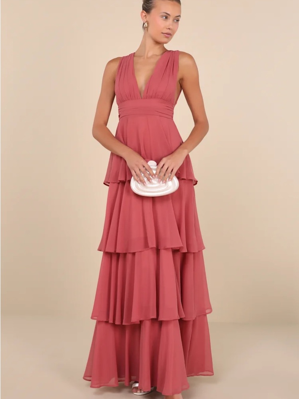 Lulu's Dusty Rose Tiered V-Neck Maxi Dress